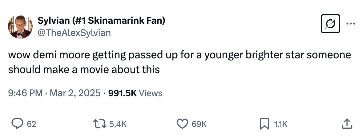 Screenshot of X post about Demi Moore's Oscars loss